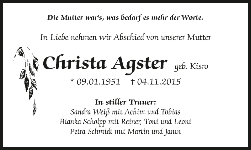  Traueranzeige für Christa Agster vom 07.11.2015 aus 