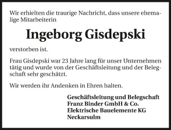 Traueranzeige von Ingeborg Gisdepski 
