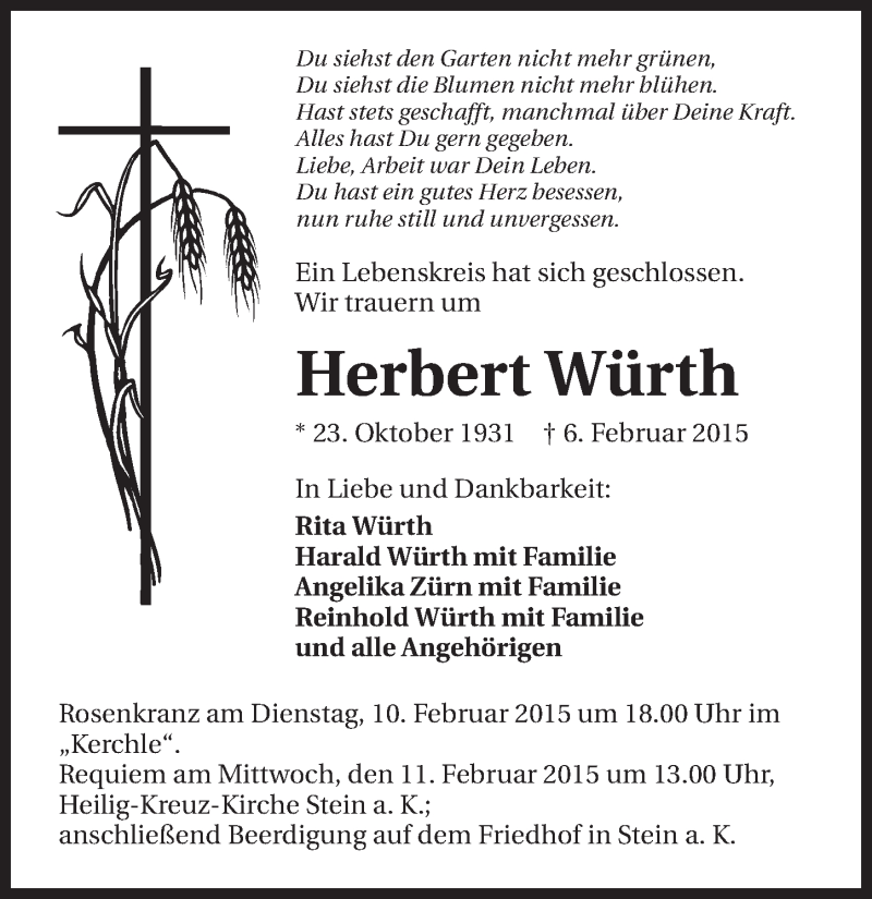  Traueranzeige für Herbert Würth vom 09.02.2015 aus 