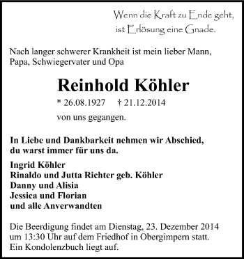 Traueranzeige von Reinhold Köhler 