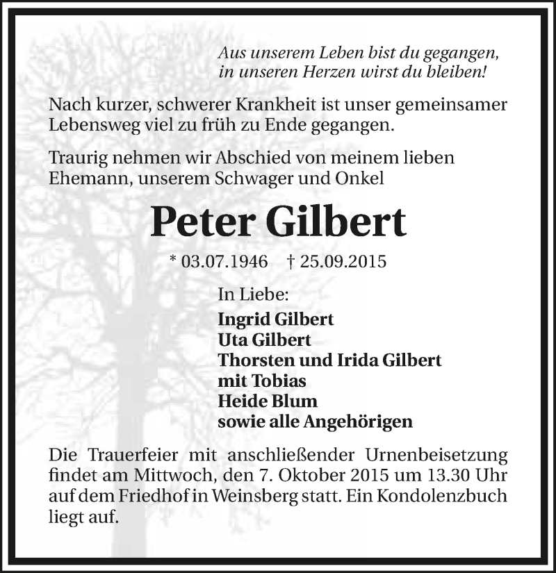  Traueranzeige für Peter Gilbert vom 30.09.2015 aus 