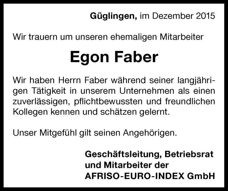  Traueranzeige für Egon Faber vom 12.12.2015 aus 