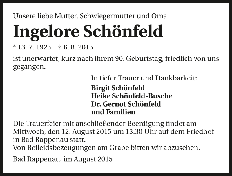  Traueranzeige für Ingelore Schönfeld vom 08.08.2015 aus 