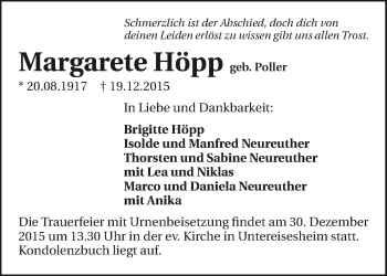 Traueranzeige von Margarete Höpp 