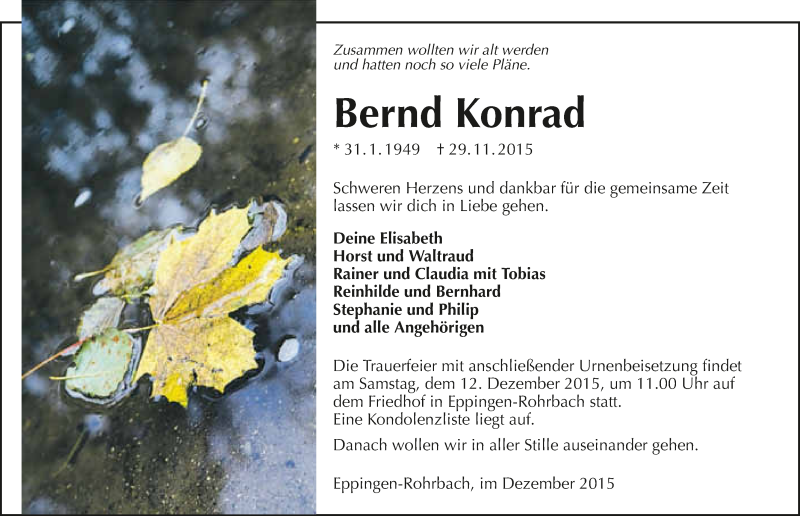  Traueranzeige für Bernd Konrad vom 10.12.2015 aus 