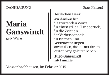 Traueranzeige von Maria Ganswindt 