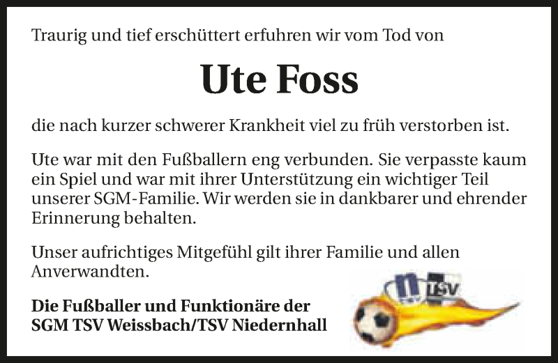  Traueranzeige für Ute Foss vom 29.12.2015 aus 