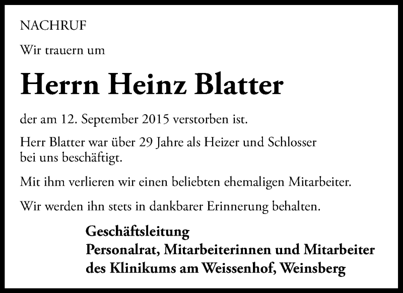  Traueranzeige für Heinz Blatter vom 16.09.2015 aus 