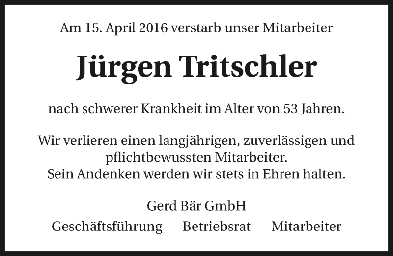  Traueranzeige für Jürgen Tritschler vom 19.04.2016 aus 