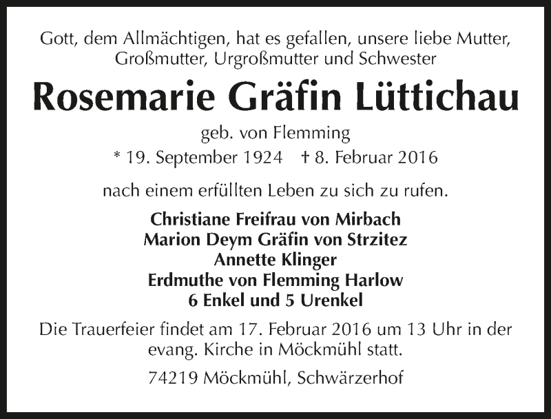  Traueranzeige für Rosemarie Gräfin Lüttichau vom 13.02.2016 aus 