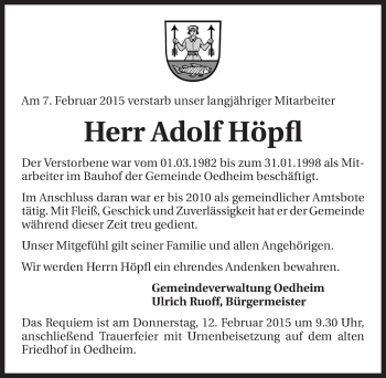 Traueranzeige von Adolf Höpfl 