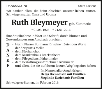Traueranzeige von Ruth Bleymeyer 