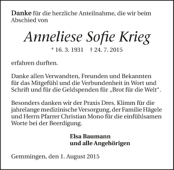 Traueranzeige von Anneliese Sofie Krieg 