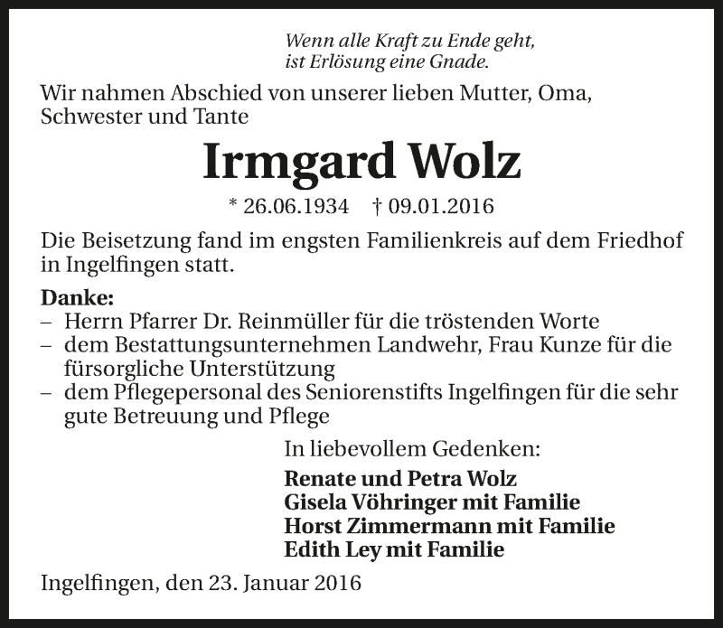  Traueranzeige für Irmgard Wolz vom 23.01.2016 aus 