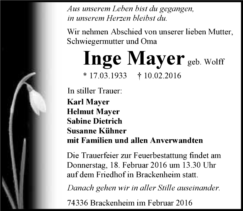  Traueranzeige für Inge Mayer vom 15.02.2016 aus 