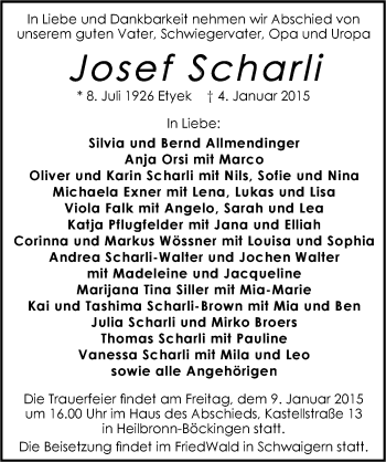 Traueranzeige von Josef Scharli 