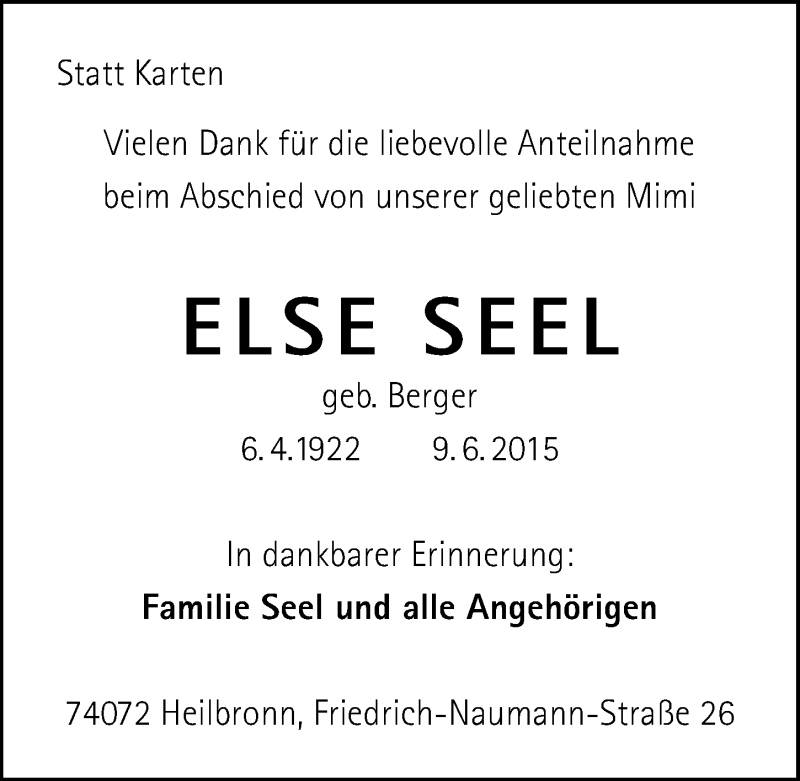  Traueranzeige für Else Seel vom 30.06.2015 aus 