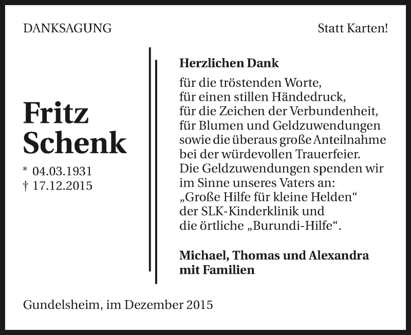  Traueranzeige für Fritz Schenk vom 09.01.2016 aus 