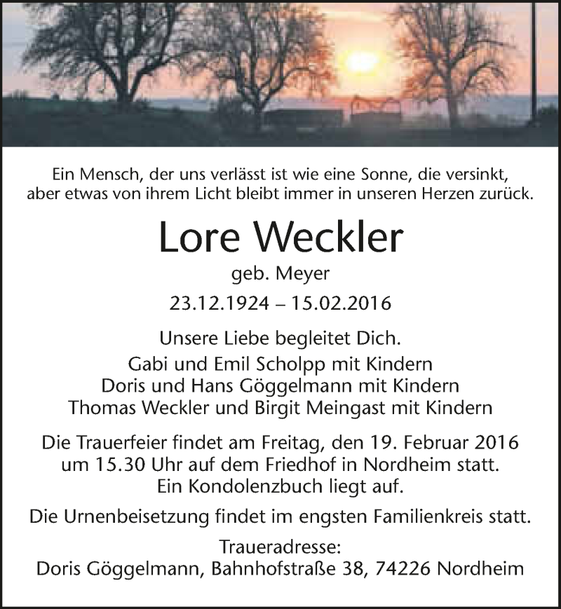  Traueranzeige für Lore Weckler vom 17.02.2016 aus 