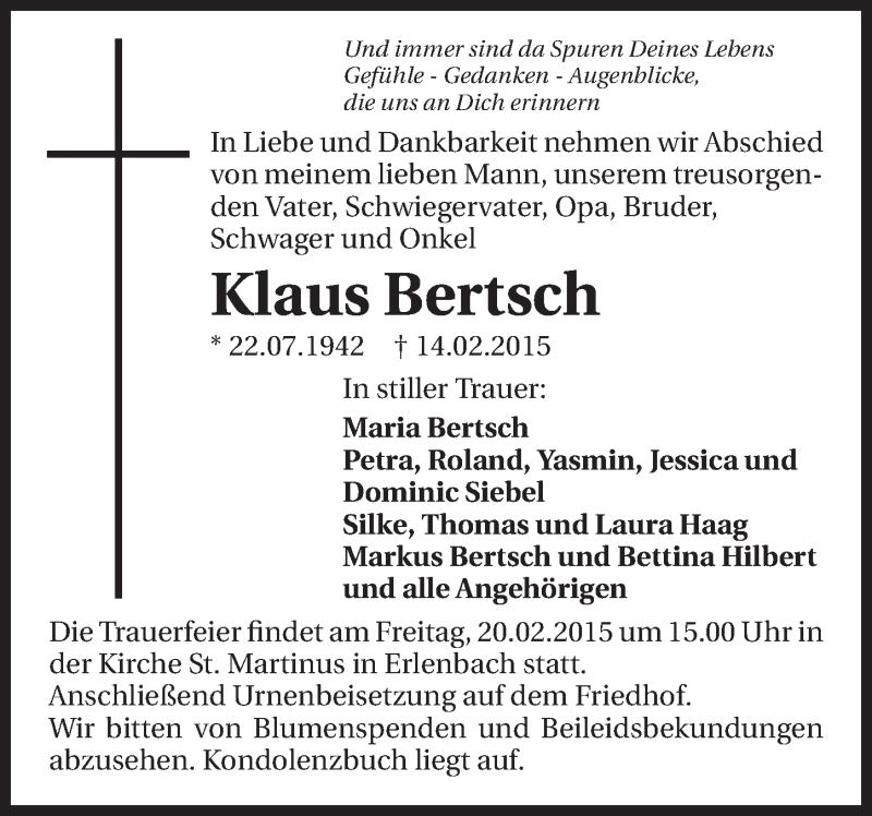  Traueranzeige für Klaus Bertsch vom 19.02.2015 aus 
