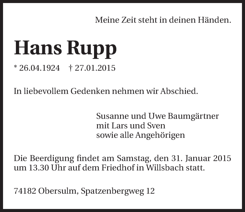  Traueranzeige für Hans Rupp vom 29.01.2015 aus 