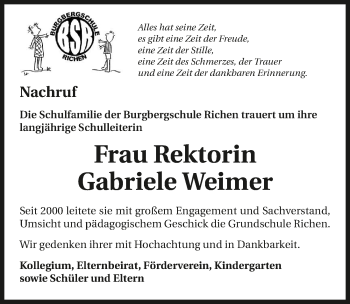 Traueranzeige von Gabriele Weimer 
