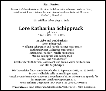 Traueranzeige von Lore Katharina Schipprack 