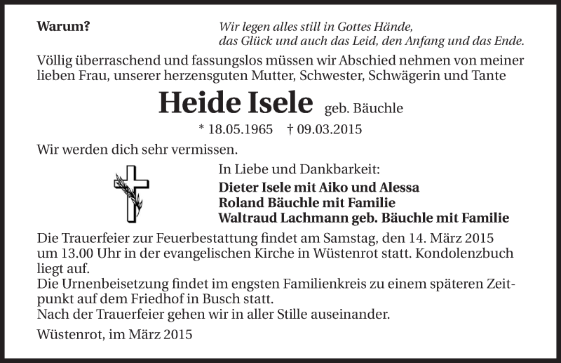  Traueranzeige für Heide Isele vom 12.03.2015 aus 