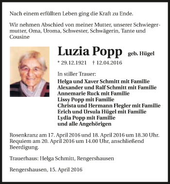 Traueranzeige von Luzia Popp 