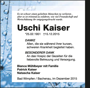 Traueranzeige von Uschi Kaiser 