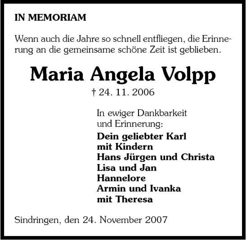  Traueranzeige für Maria Angela Volpp vom 24.11.2007 aus 