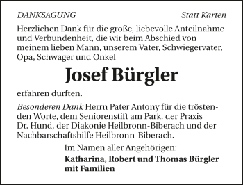 Traueranzeige von Josef Bürgler 