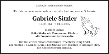 Traueranzeige von Gabriele Sitzler 
