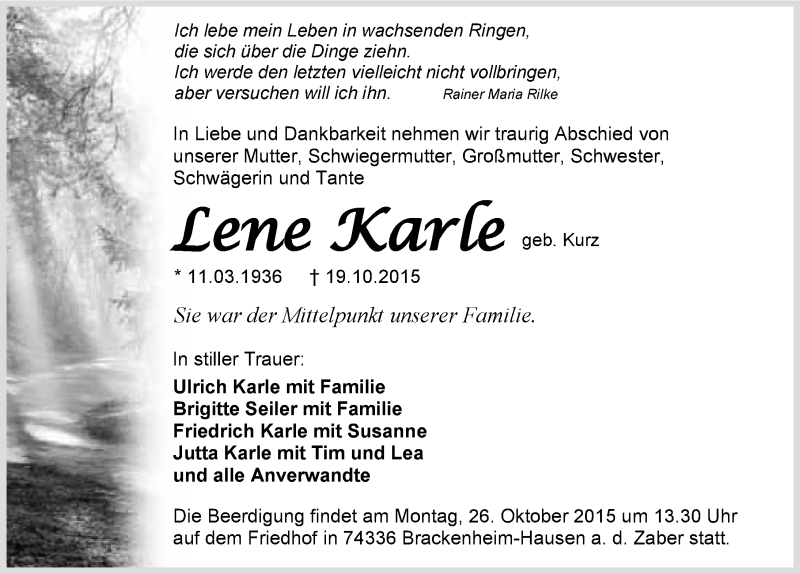  Traueranzeige für Lene Karle vom 22.10.2015 aus 