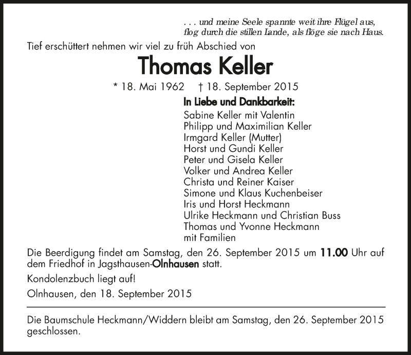  Traueranzeige für Thomas Keller vom 23.09.2015 aus 