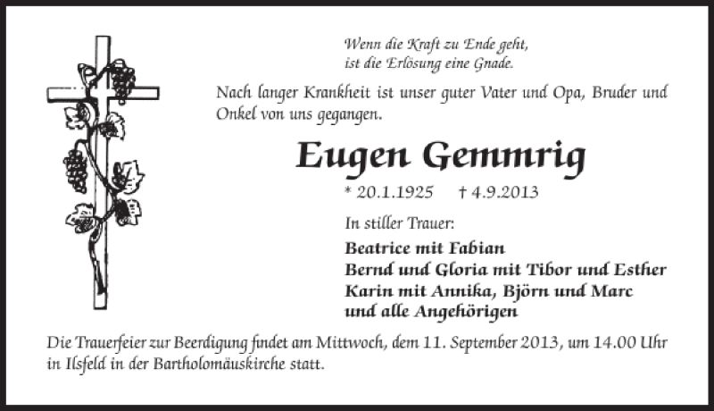  Traueranzeige für Eugen Gemmrig vom 09.09.2013 aus 