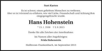 Traueranzeige von Hans Hohenstein 