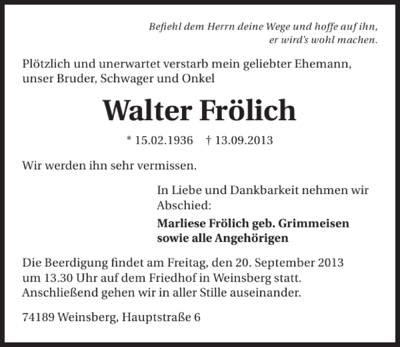 Traueranzeige für Walter Frölich vom 17.09.2013 aus 