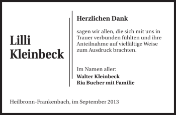 Traueranzeige von Lilli Kleinbeck 