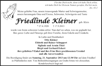 Traueranzeige von Friedlinde Kleiner 