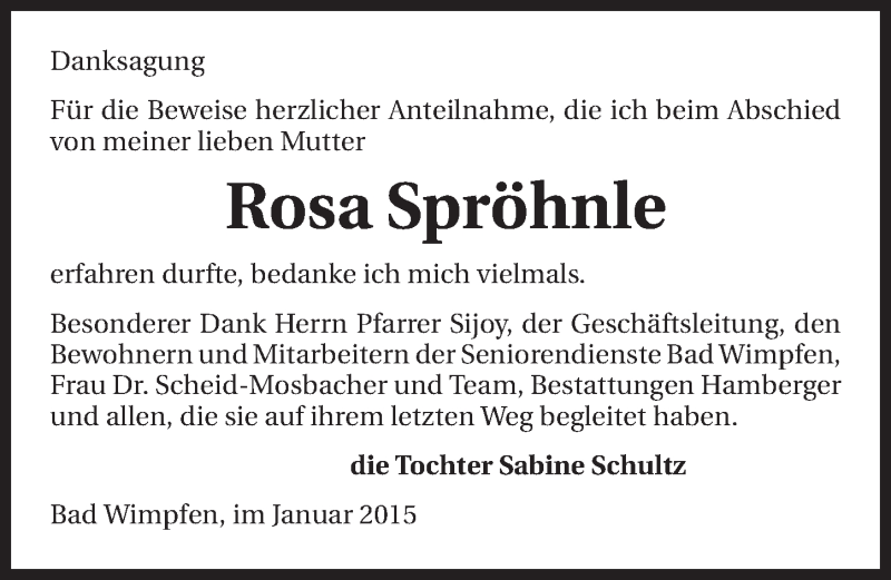  Traueranzeige für Rosa Spröhnle vom 24.01.2015 aus 