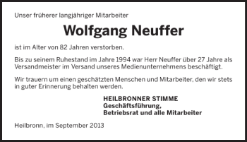 Traueranzeige von Wolfgang Neuffer 