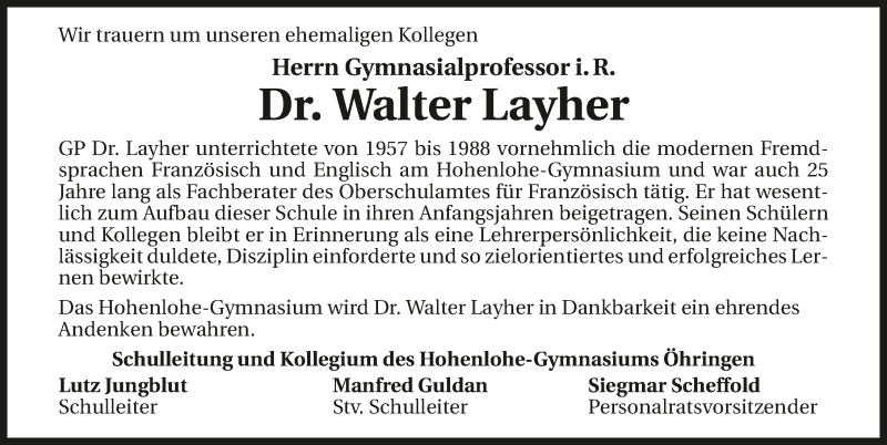  Traueranzeige für Walter Layher vom 17.06.2015 aus 