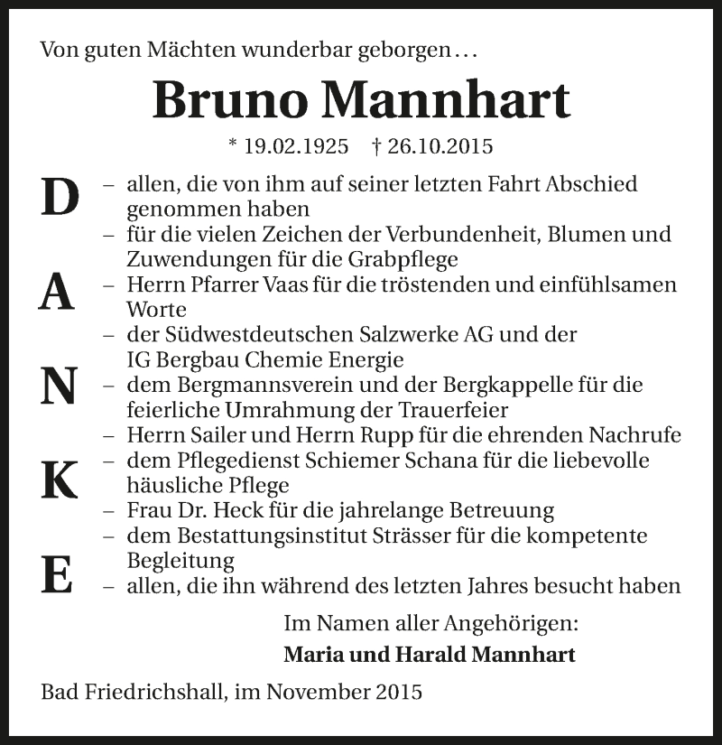  Traueranzeige für Bruno Mannhart vom 13.11.2015 aus 