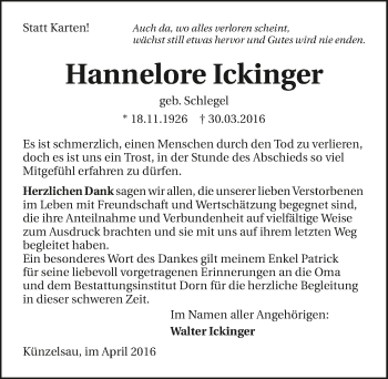 Traueranzeige von Hannelore Ickinger 