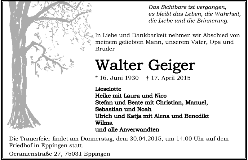  Traueranzeige für Walter Geiger vom 25.04.2015 aus 
