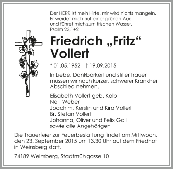 Traueranzeige von Friedrich Vollert 