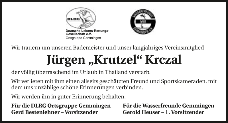  Traueranzeige für Jürgen Krczal vom 06.02.2016 aus 
