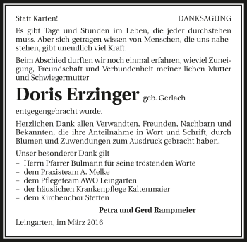 Traueranzeige von Doris Erzinger 