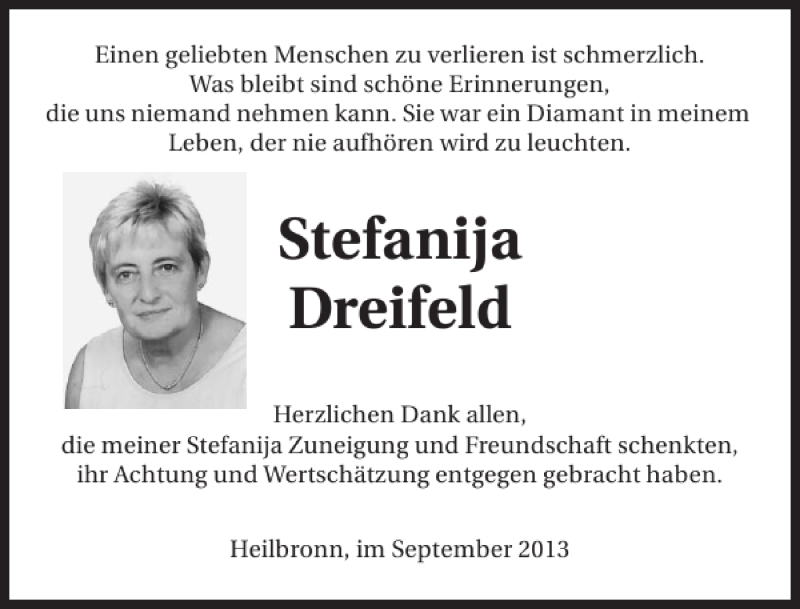  Traueranzeige für Stefanija Dreifeld vom 25.09.2013 aus 